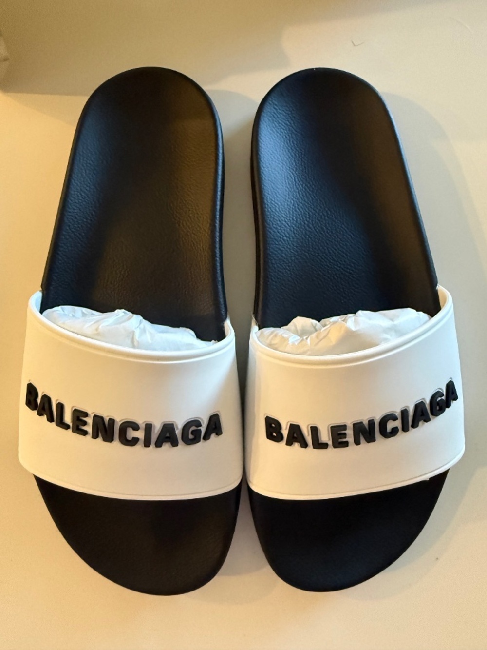 NWT Balenciaga Pool Slide Sandals - Black with White Logo Size 37 EU/7 US Women - Picture 2 of 6